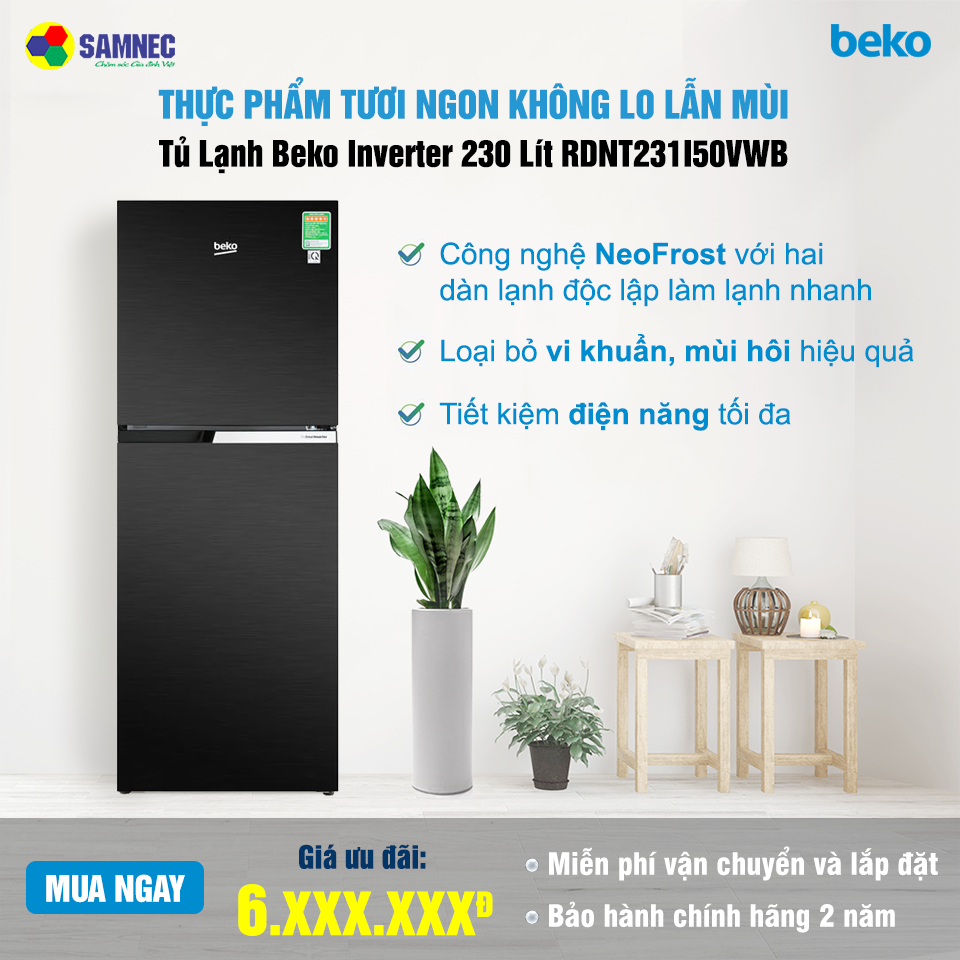 Tủ lạnh Beko Inverter 230 lít RDNT231I50VWB