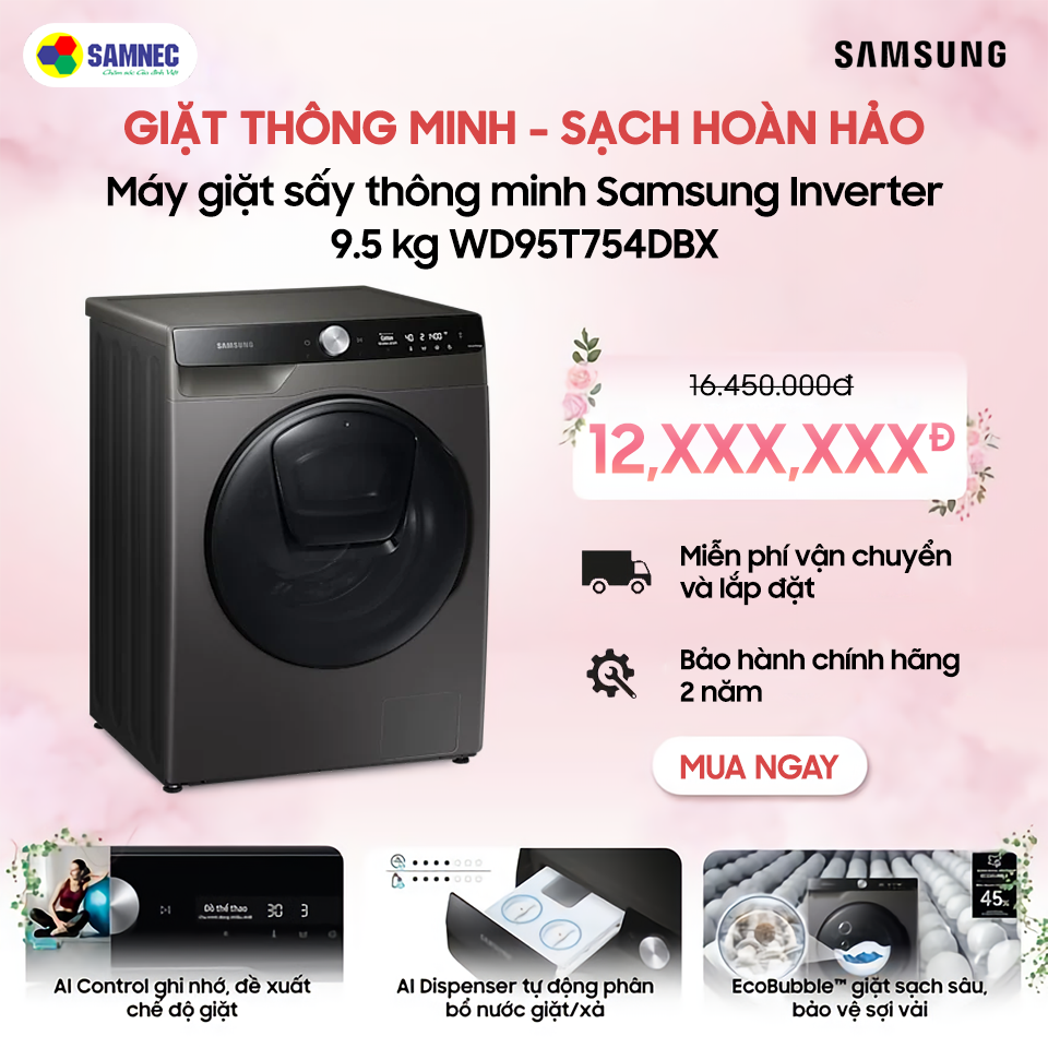 Máy giặt sấy thông minh Samsung Inverter 9.5 kg WD95T754DBX