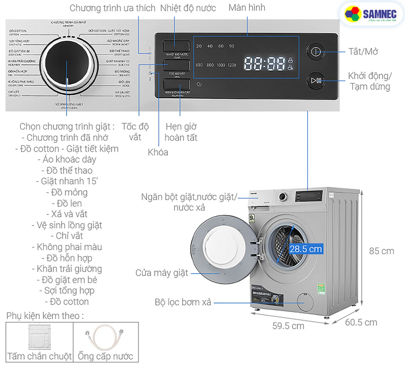 Bảng điều khiển Máy giặt Toshiba TW-BK105S2V(WS) và máy giặt Toshiba TW-BK105S3V(SK)