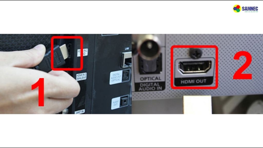  Cắm một đầu của cáp HDMI vào bộ chuyển đổi, và đầu còn lại cắm vào cổng HDMI trên tivi.