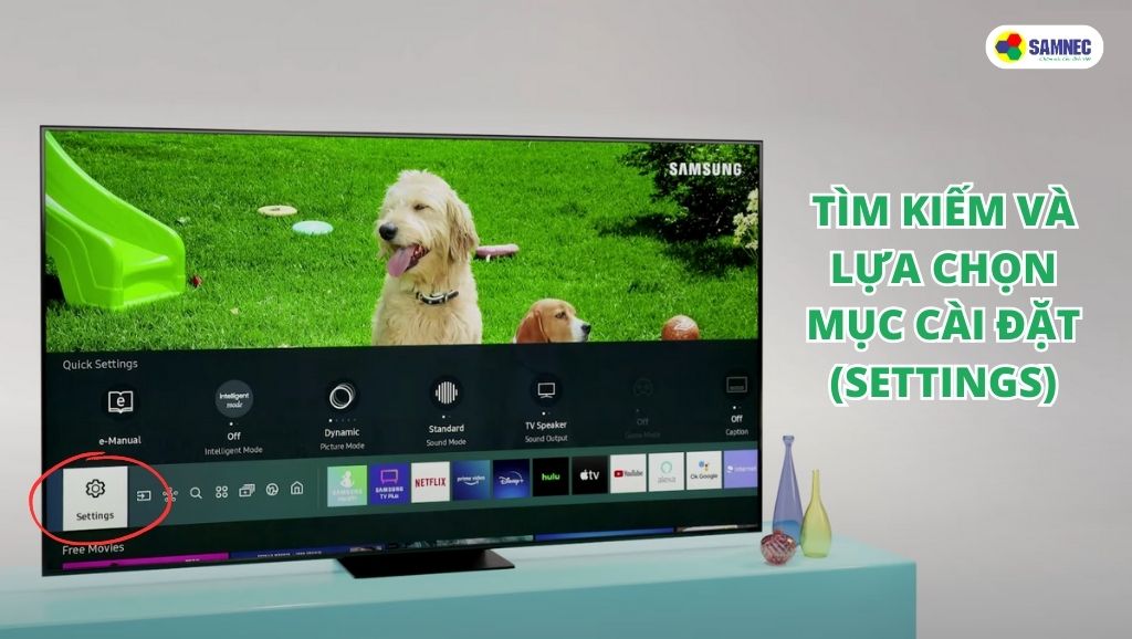 Tìm kiếm và lựa chọn mục Cài đặt (Settings) trên tivi Samsung