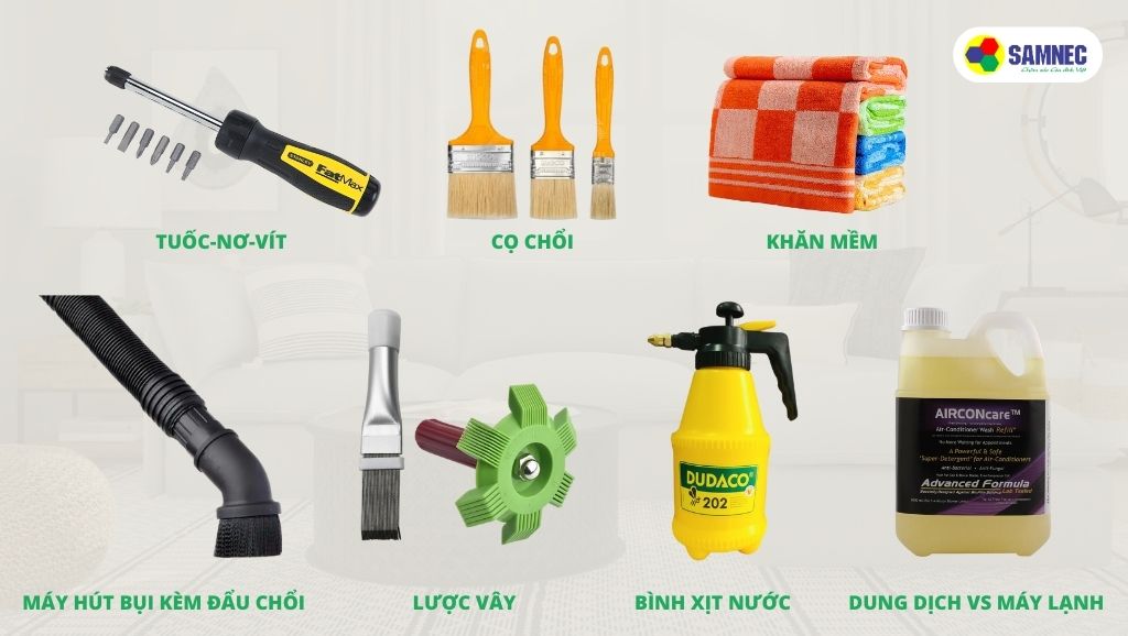 Dụng cụ và sản phẩm cần chuẩn bị để vệ sinh máy lạnh