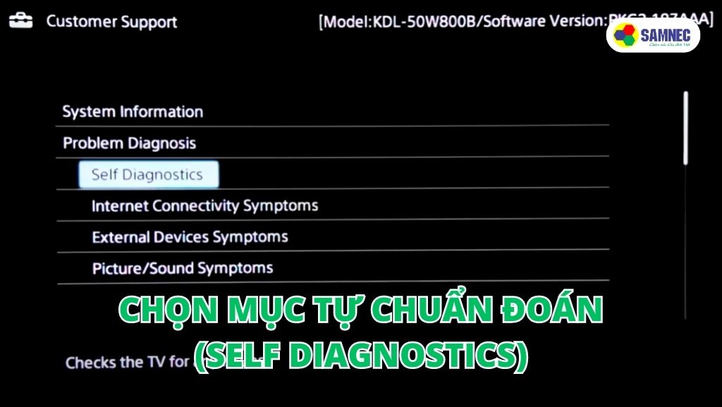 Chọn mục Tự chuẩn đoán (Self Diagnostics) trên tivi Sony