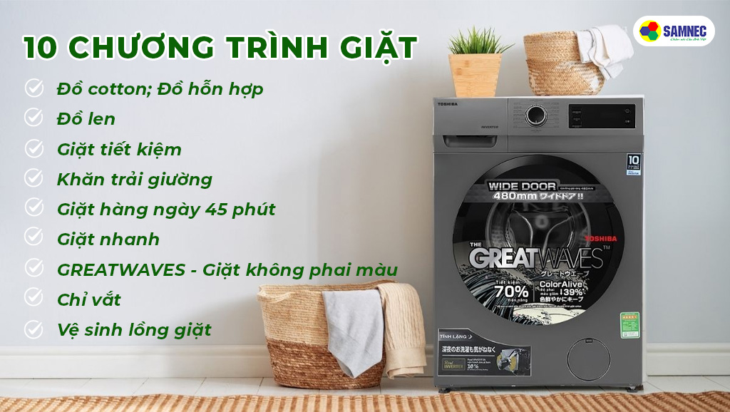 Máy giặt lồng ngang Toshiba TW-BK95S3V9(SK) có 10 chương trình giặt khác nhau
