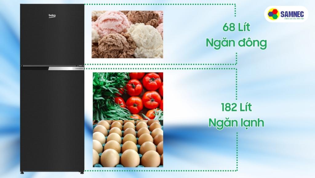 Dung tích 250 lít của tủ lạnh Beko Inverter RDNT251I50VWB