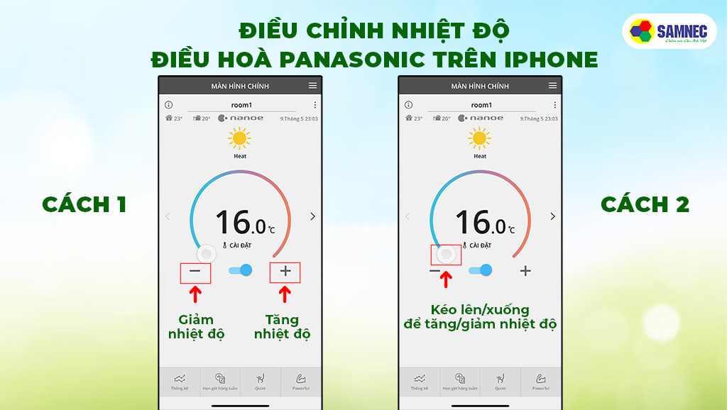 Điều chỉnh nhiệt độ điều hòa Panasonic trên Iphone
