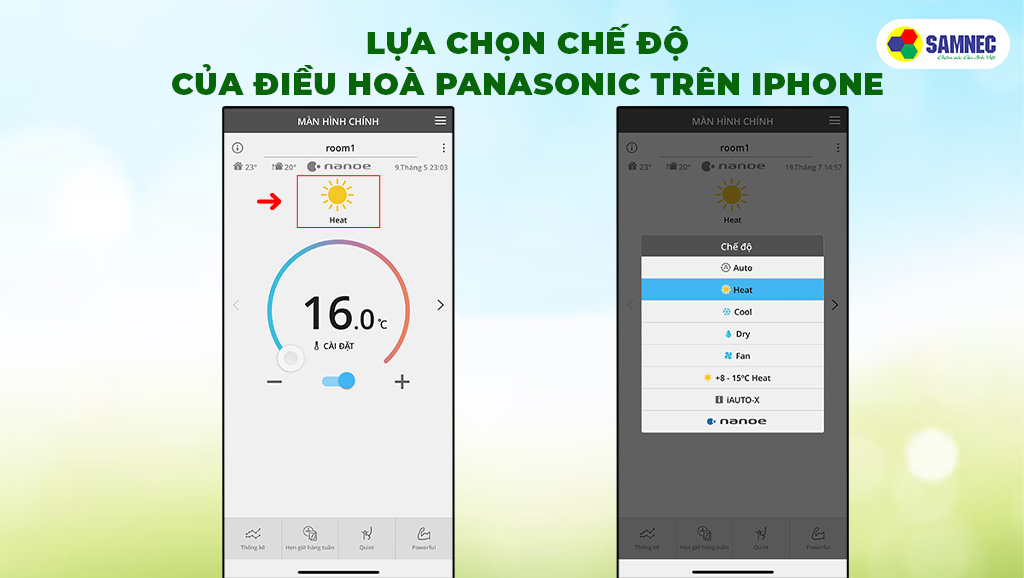 Lựa chọn chế độ cho điều hòa Panasonic trên Iphone