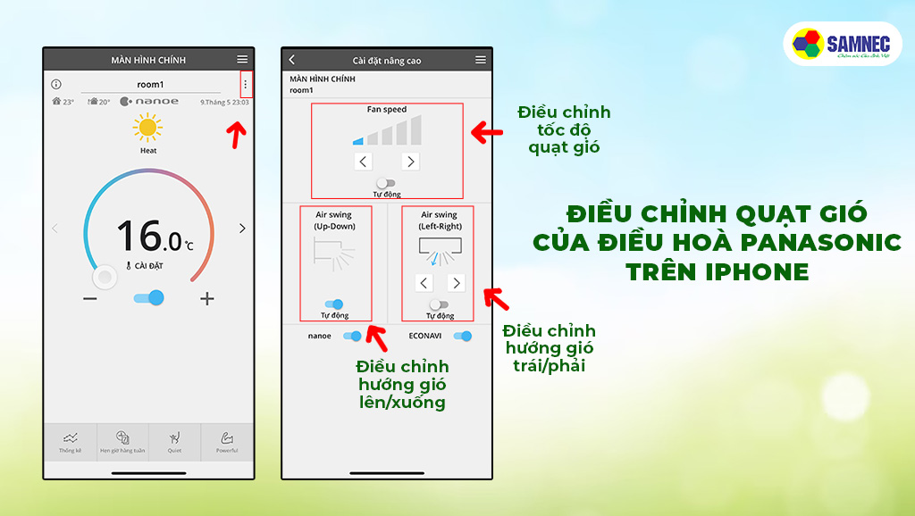 Điều chỉnh quạt gió của điều hòa Panasonic trên Iphone
