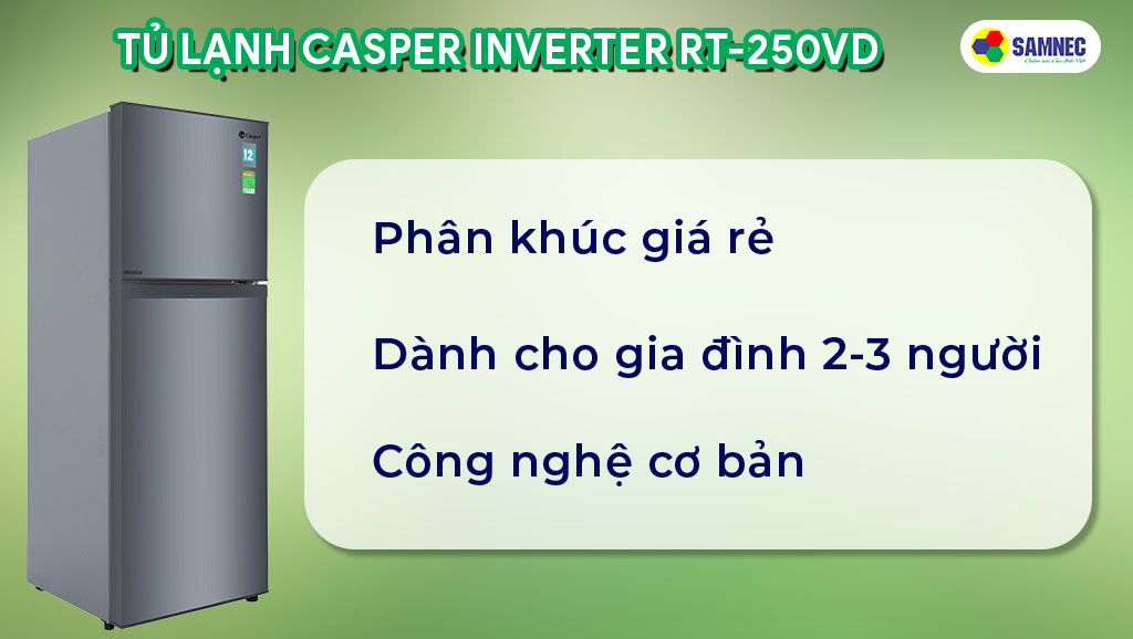Tủ lạnh Casper RT-250VD giá rẻ thích hợp với gia đình từ 2-3 người