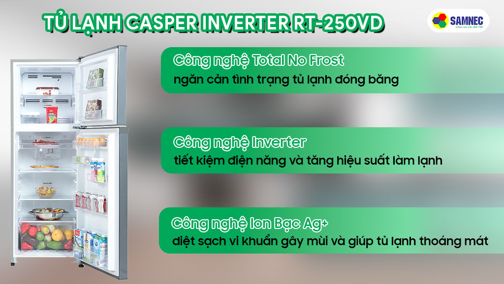 Tủ lạnh Casper RT-250VD hỗ trợ các công nghệ cơ bản