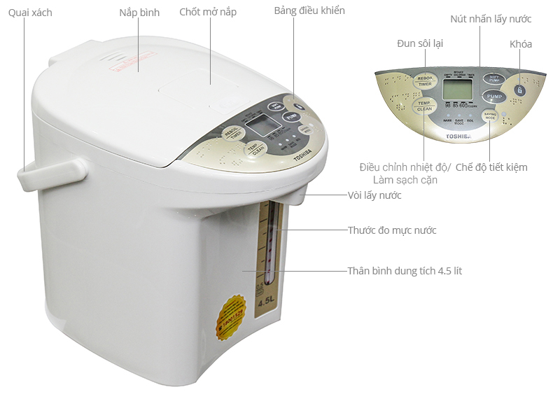 Thông số kỹ thuật Bình thủy điện Toshiba PLK-45SF(WT)VN 4.5 lít