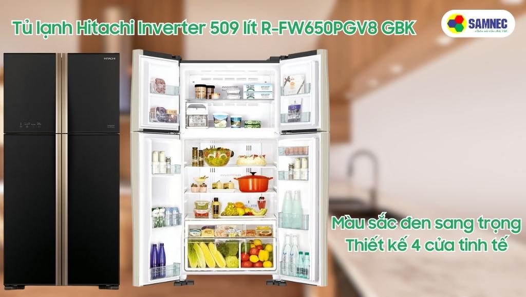 Thiết kế 4 cửa sang trọng của tủ lạnh Hitachi Inverter 509 lít R-FW650PGV8 GBK