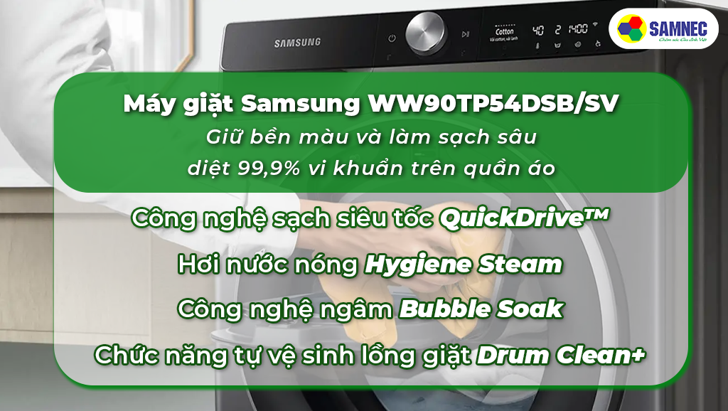 Máy giặt Samsung WW90TP54DSB/SV giúp diệt khuẩn và làm sạch sâu quần áo
