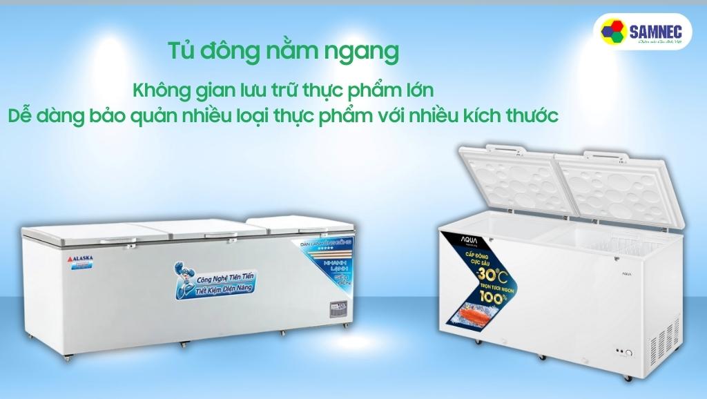 Tủ đông nằm ngang có nhiều không gian bảo quản thực phẩm