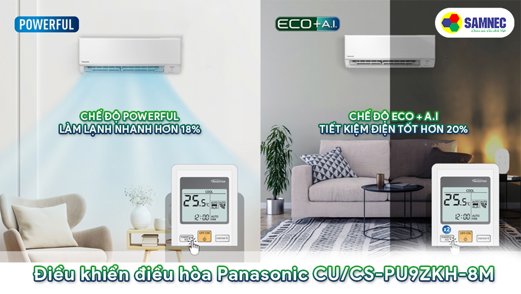 Chế độ đặc biệt Powerful/ Eco điều hòa Panasonic Inverter 1 HP CU/CS-PU9ZKH-8M