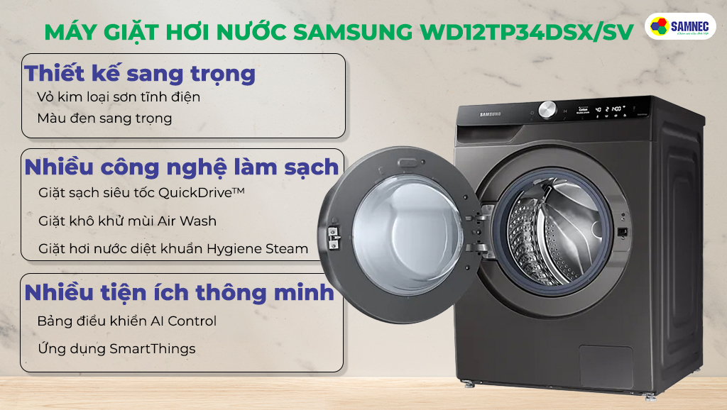 Máy giặt hơi nước Samsung WD12TP34DSX/SV