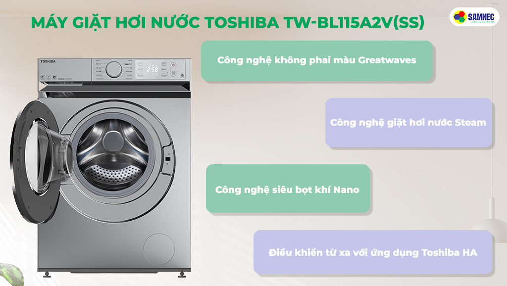Máy giặt hơi nước Toshiba Inverter 10.5 kg TW-BL115A2V(SS)