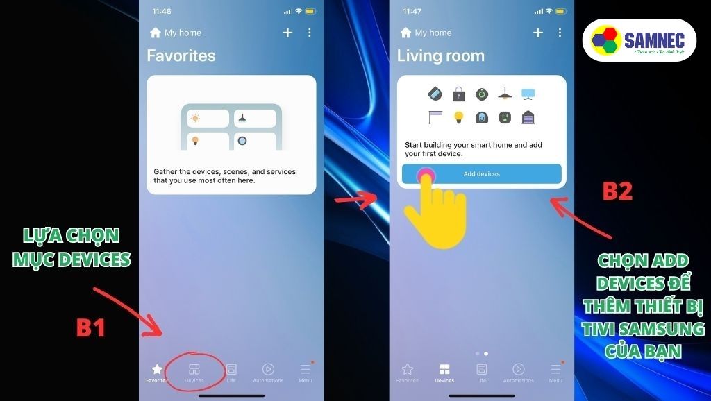 Chọn ADD DEVICES để thêm thiết bị vào ứng dụng SmartThings