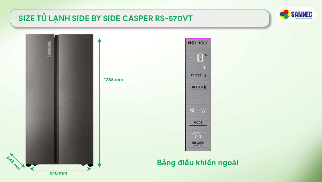 Size tủ lạnh Side by side Casper RS-570VT