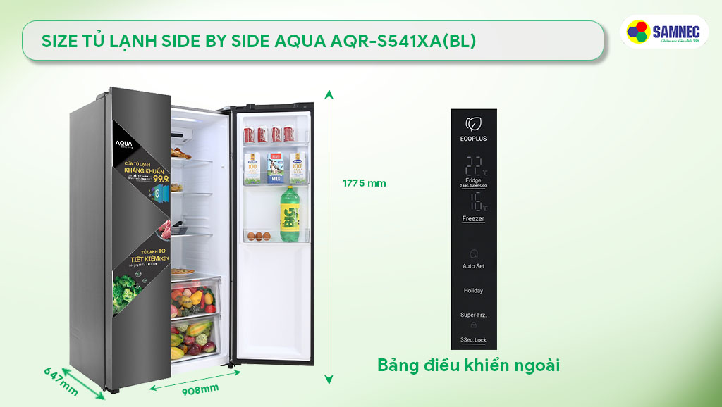 Size tủ lạnh Side by side Aqua AQR-S541XA(BL)