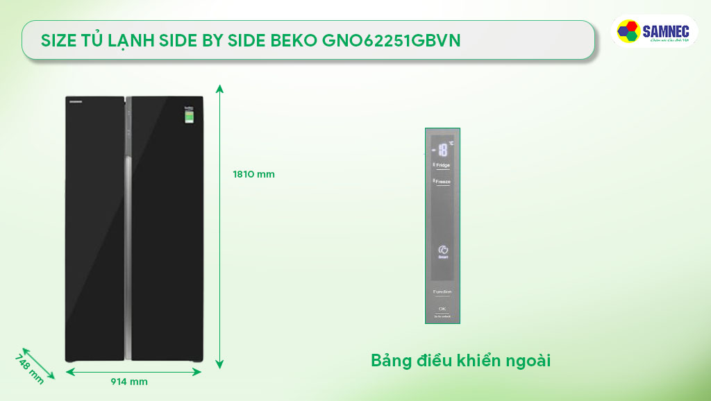 Size tủ lạnh Side by side Beko GNO62251GBVN