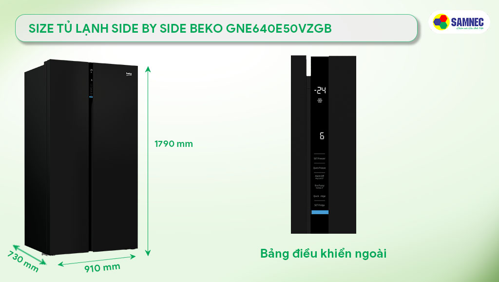 Size tủ lạnh Side by side Beko GNE640E50VZGB