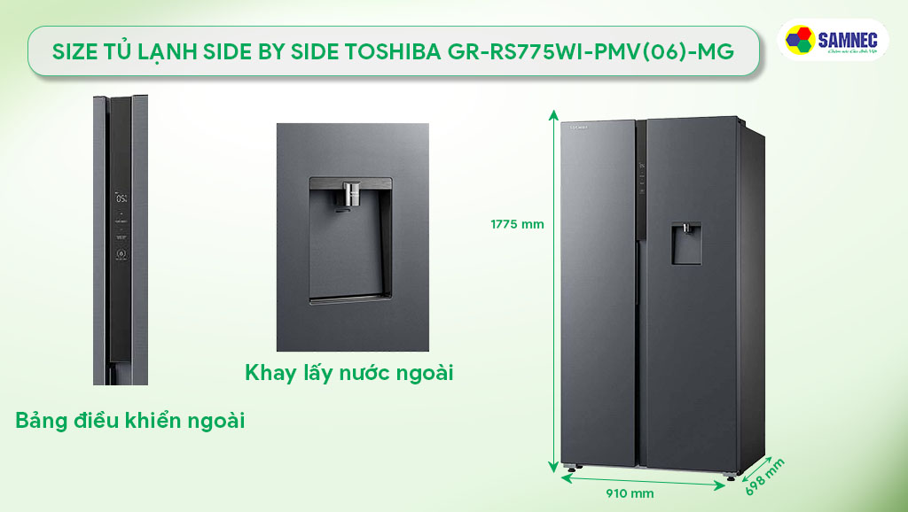 Size tủ lạnh Side by side Toshiba GR-RS775WI-PMV(06)-MG