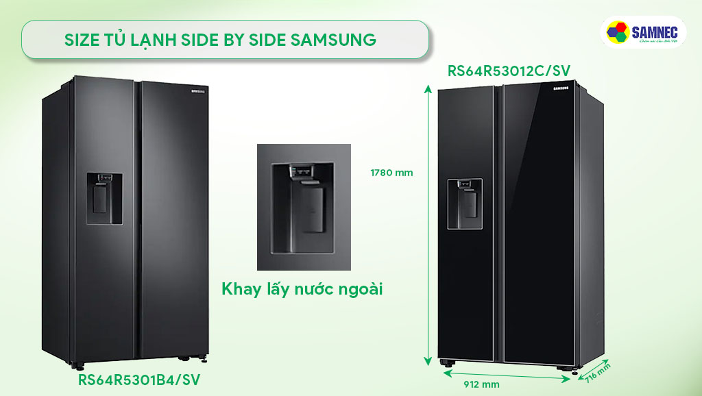 Size tủ lạnh Side by side Samsung