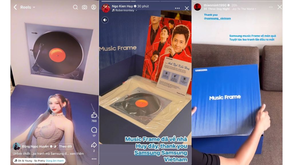 Ngô Kiến Huy, “chị đẹp” Huyền Baby và “anh tài” Thiên Minh đồng loạt “unbox” loa tranh Music Frame. Ảnh màn hình.