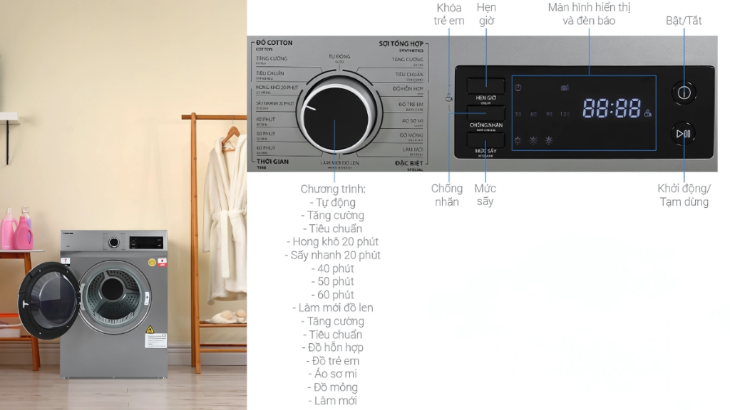 Hướng dẫn sử dụng các chức năng trên máy sấy quần áo Toshiba