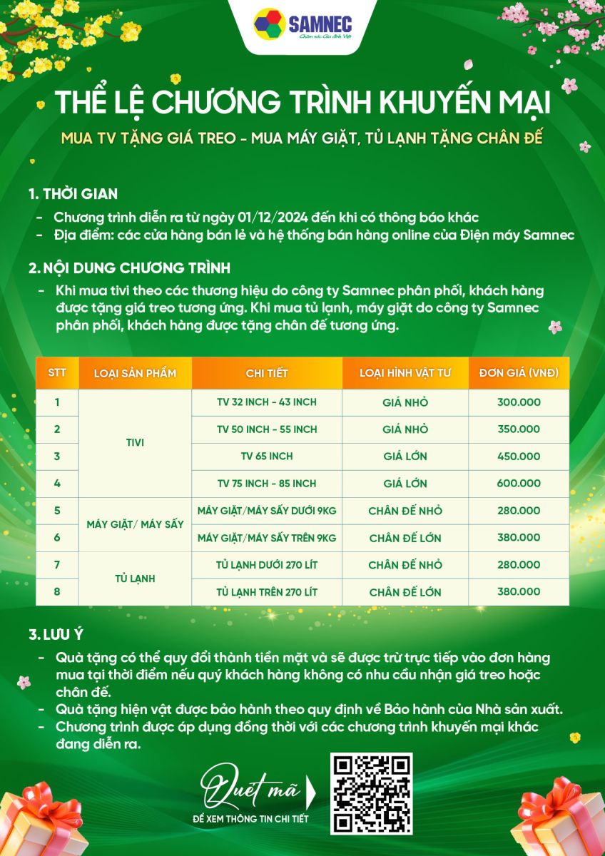 Mua tivi tặng giá treo - Mua máy giặt, tủ lạnh tặng chân đế