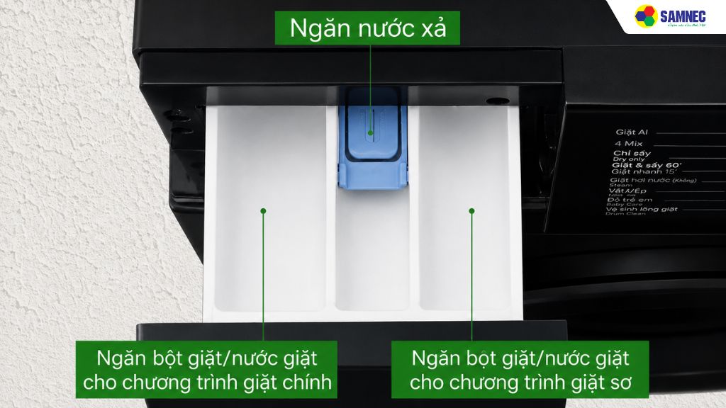 Hộc chứa chất tẩy rửa 3 ngăn riêng biệt