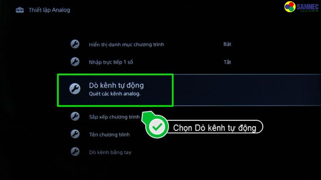 Bước 2: Trong mục Thiết lập Analog, bạn nhấn chọn Dò kênh tự động.
