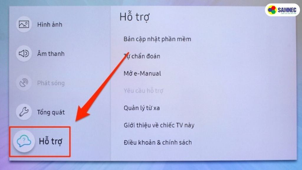 chọn phần "Hỗ trợ".