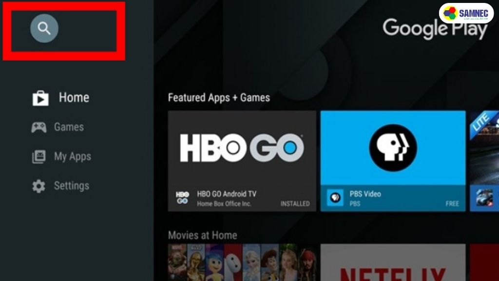 Bước 1: Nhấn nút Trang chủ trên điều khiển từ xa Samsung > Chọn Ứng dụng và nhấn Tìm kiếm.