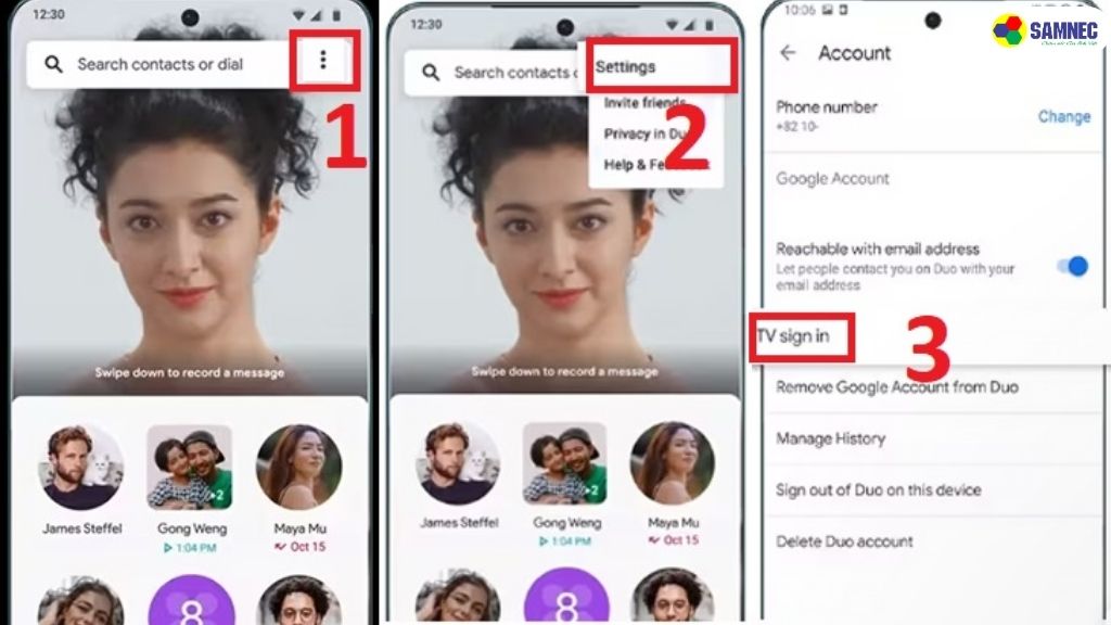 Bước 2: Trên thiết bị Android, hãy nhấn vào biểu tượng Thêm (3 dấu chấm) > Chọn Cài đặt > Chọn Tài khoản.