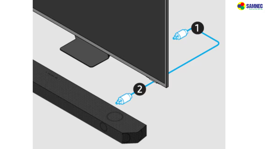 Bước 1: Bật tivi và loa thanh, sau đó cắm một đầu của cáp quang vào cổng OPTICAL OUT trên tivi.