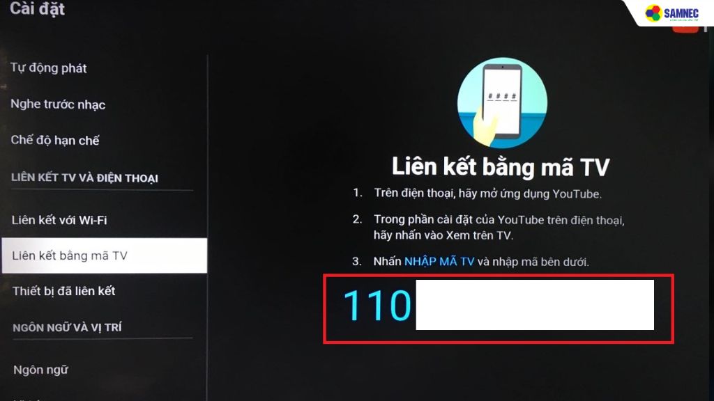 Mã tivi sẽ hiện trên màn hình 