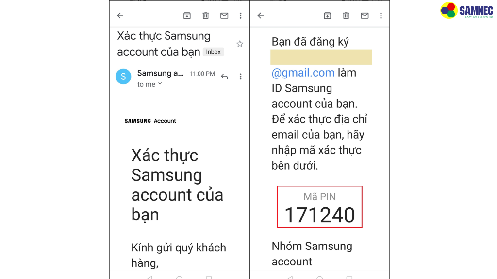 Bước 3: Samsung sẽ gửi một mã xác minh đến địa chỉ Gmail của bạn.