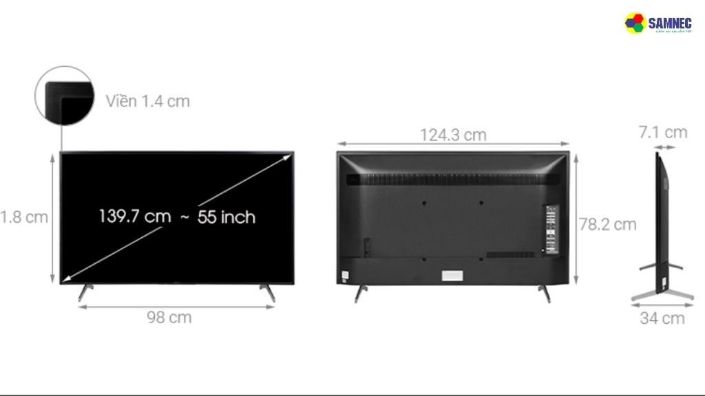 Tivi 55 inch kích thước bao nhiêu cm?