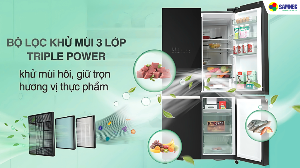 Ngăn rau riêng biệt, khử mùi Triple Power 3 lớp