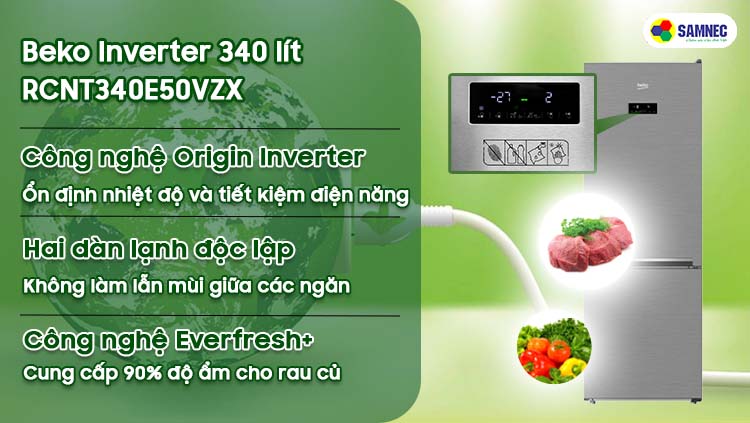 Tủ lạnh Beko Inverter 340 lít RCNT340E50VZX