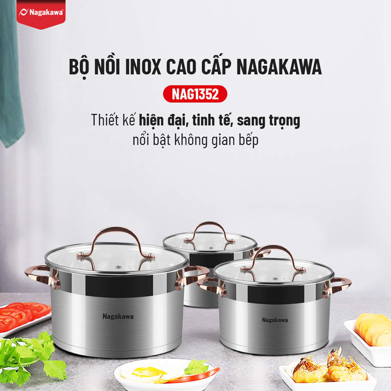 Bộ 3 nồi inox cao cấp 5 đáy Nagakawa NAG1352 (16cm, 20cm, 24cm) dùng cho mọi loại bếp - Hàng Chính Hãng