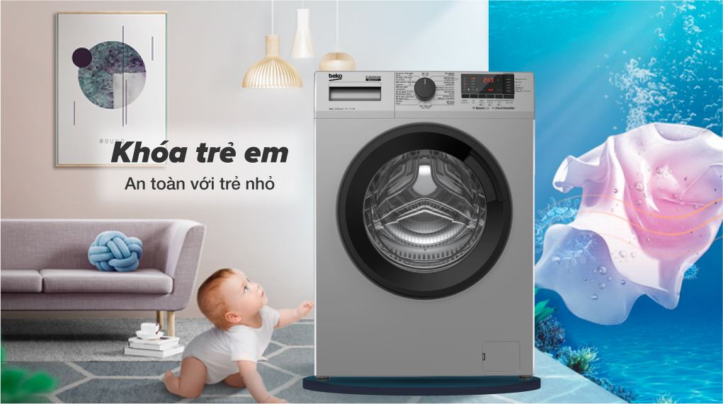 Khóa trẻ em trên máy giặt Beko 8kg WCV8614XB0STW
