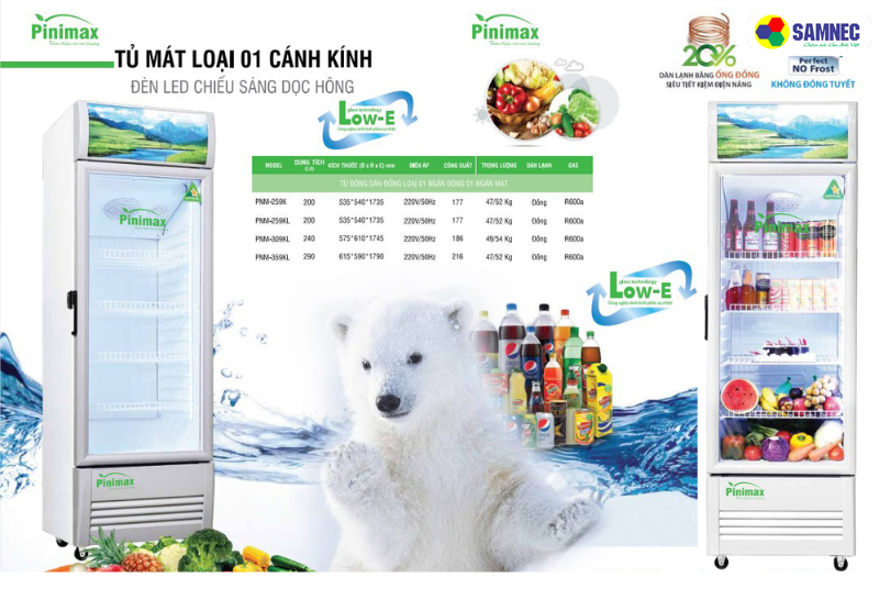 Tủ mát Pinimax loại 1 cánh kính dung tích 290 lít PNM359KL