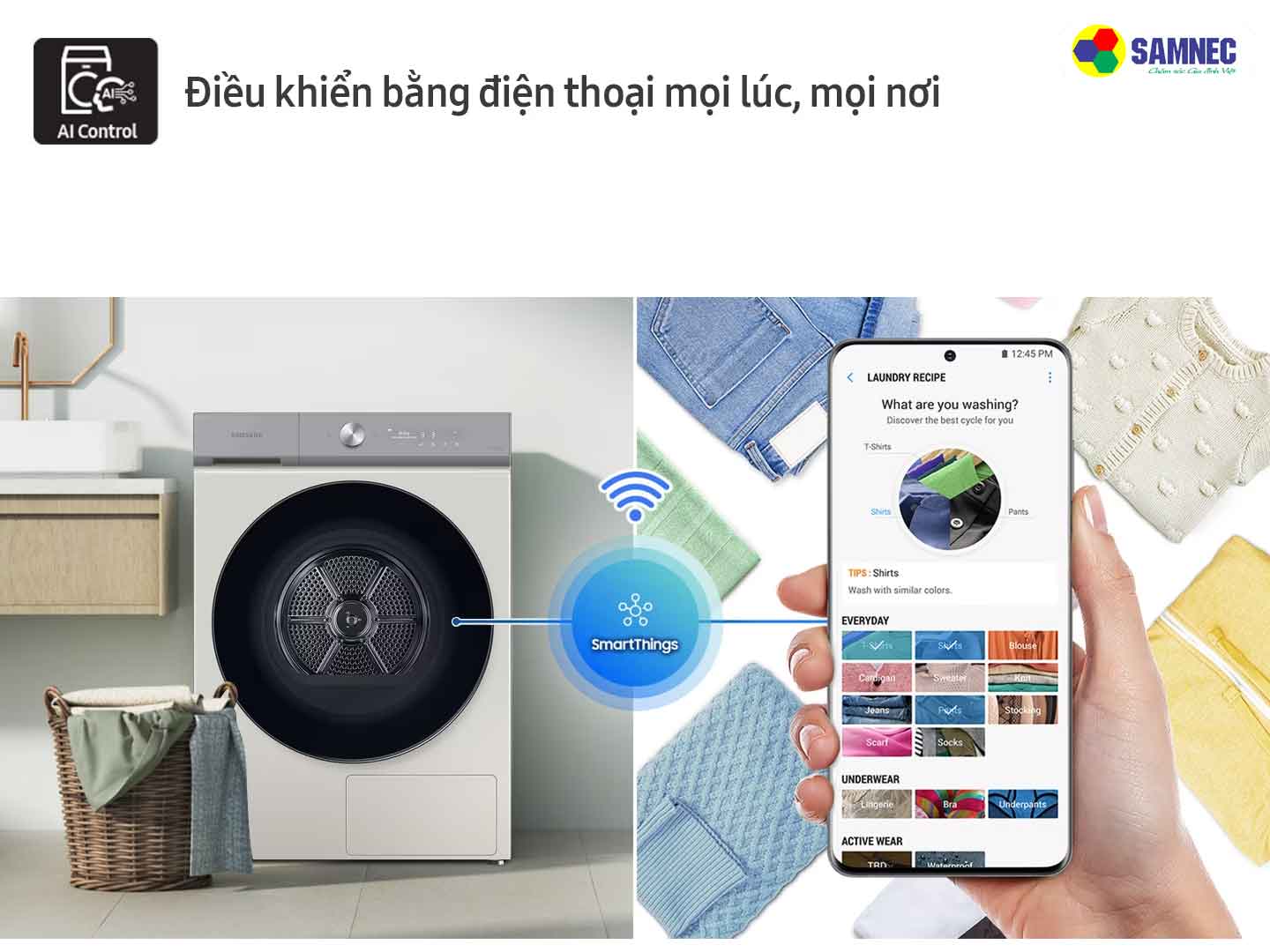 Điều khiển bằng điện thoại trên máy sấy quần áo Samsung Bespoke AI Heatpump DV17B9750CV/SV