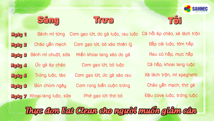 Thực đơn Eat Clean trong 1 tuần để giảm cân