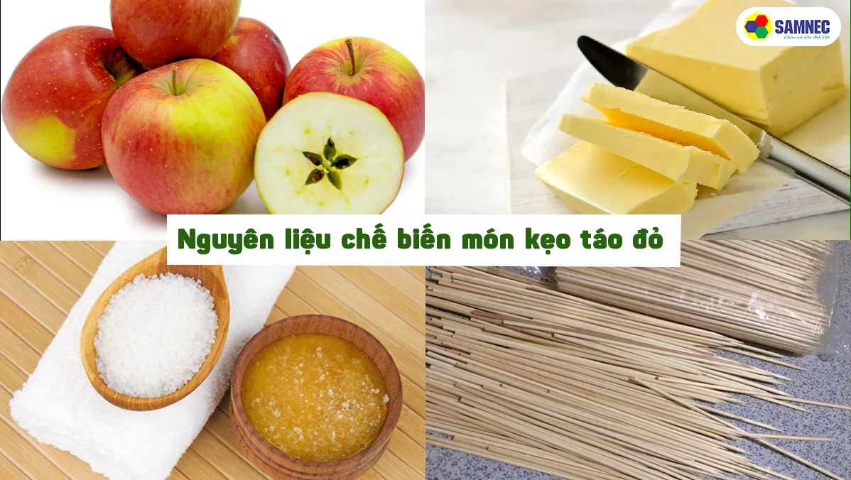 Nguyên liệu làm món ăn halloween kẹo táo đỏ