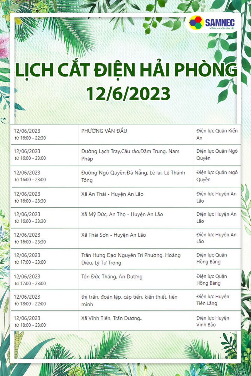 Lịch cắt điện Hải phòng ngày 12/6/2023