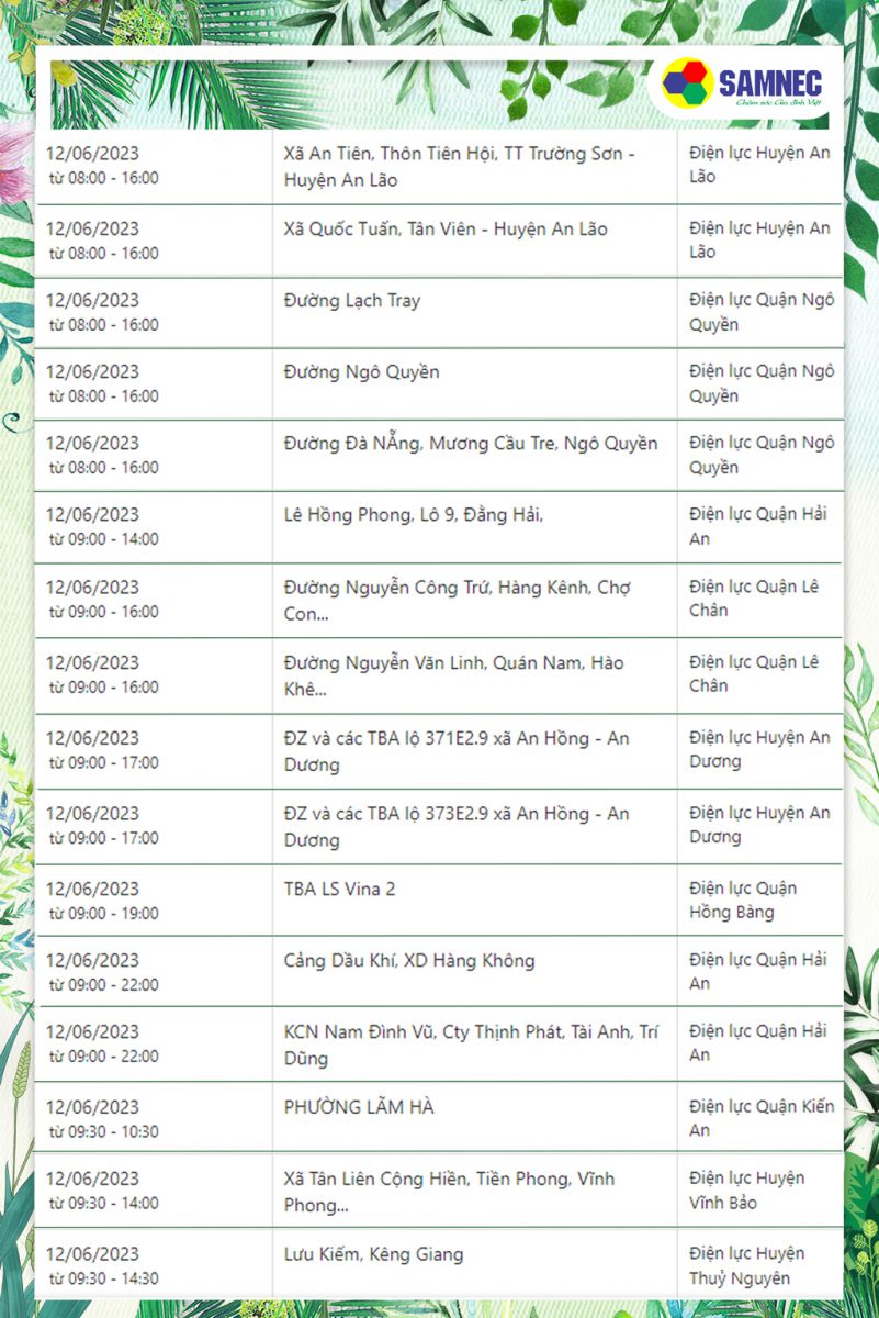 Lịch cắt điện ngày 12/06/2023 tại hải phòng